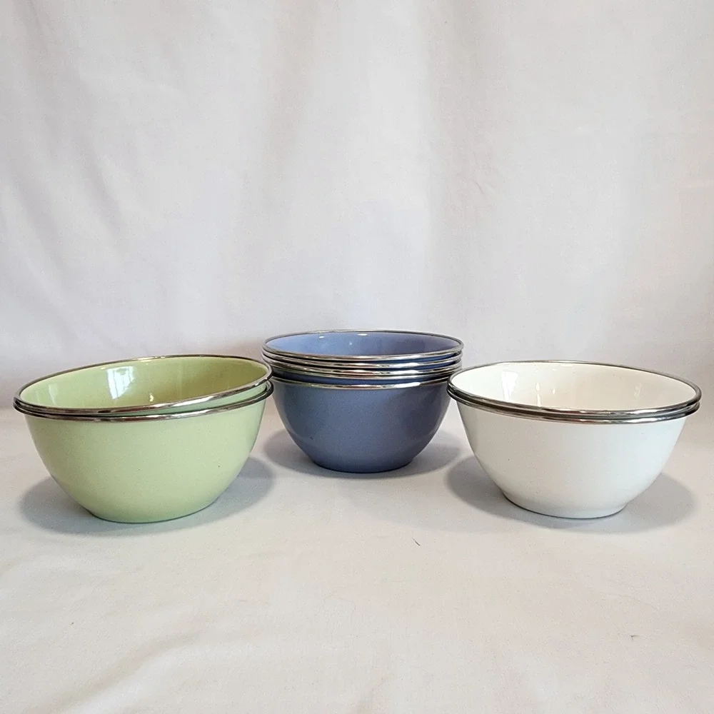 Pottery Barn Enamelware Bowls Set of 9 Pastel Green Blue White Metal Farmhouse‎